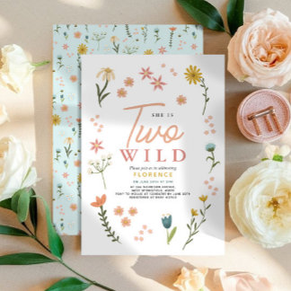 Girls Cute Two Wild Boho Wildflower 2nd Birthday Einladung