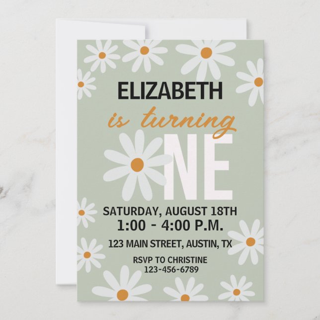 Girls Daisy Einladung zum ersten Geburtstag (Vorderseite)