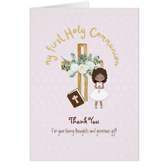 Girl's Danke Heilige Kommunion Card - Braunes Haar (Vorne)
