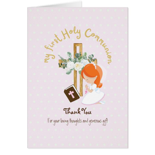Girl's Danke Heilige Kommunion Card - Rotes Haar (Vorne)