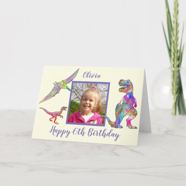 Girls Dinosaur 6. Geburtstag Name & Foto Karte (Vorderseite)