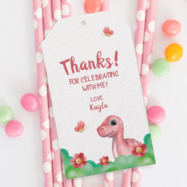 Girl's Dinosaur Geburtstag Danke Geschenkanhänger (Personalized Girl's Dinosaur Birthday Party Favor Tag)