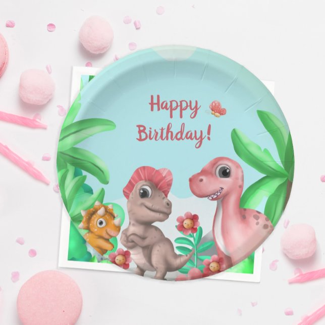 Girl's Dinosaur Geburtstag Pappteller (Girl's Dinosaur Birthday Party Plate)
