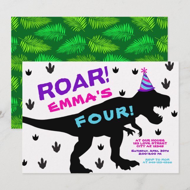 Girl's Dinosaur Party Hat Geburtstag Einladung (Vorne/Hinten)