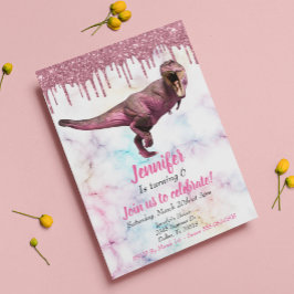 Girl's Dinosaurier Pink Glitzer Tyrannosaurus Einladung
