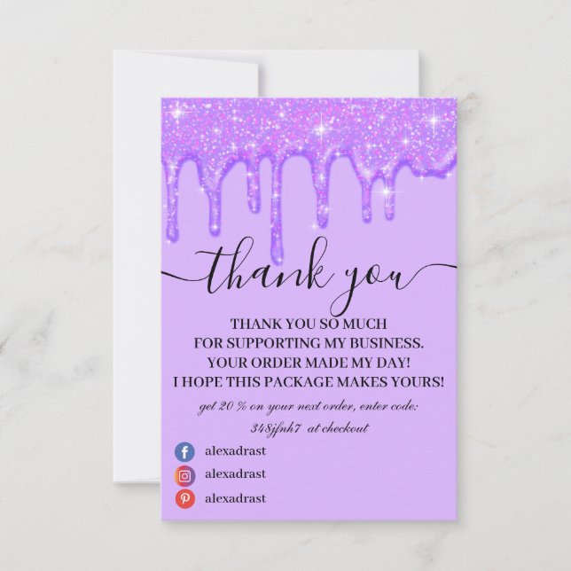 Girls Dripping Lila Glitzer Danke-Card Dankeskarte (Vorderseite)