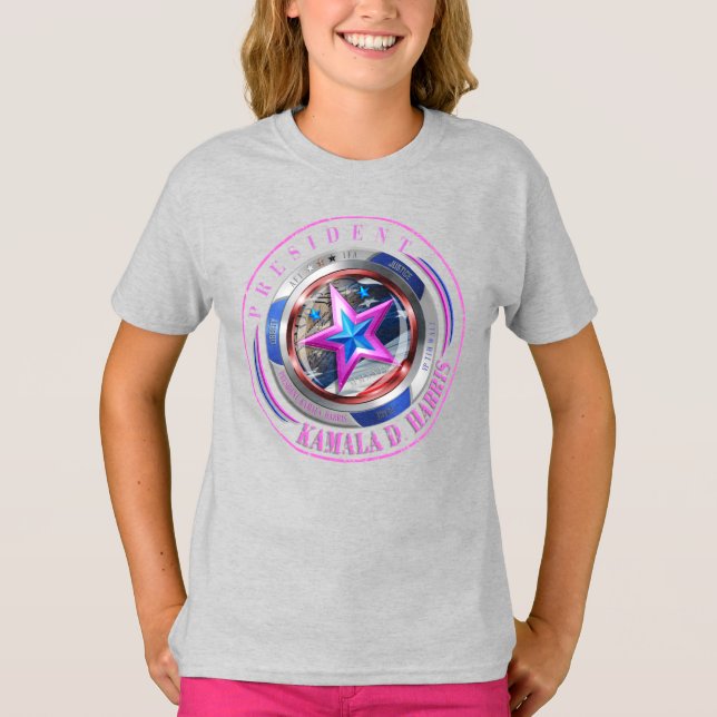 Girls Dual Sided Harris-Walz Wing/Briefmarke Medal T-Shirt (Vorderseite)