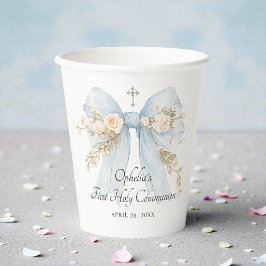 Girl's Dusty Blue First Communion Floral Bow Pappbecher