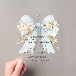 Girl's Dusty Blue Floral Bow First Holy Communion  Acryleinladungen