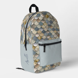 Girl's Dusty Blue und Gold Mermaid Scales Bedruckter Rucksack