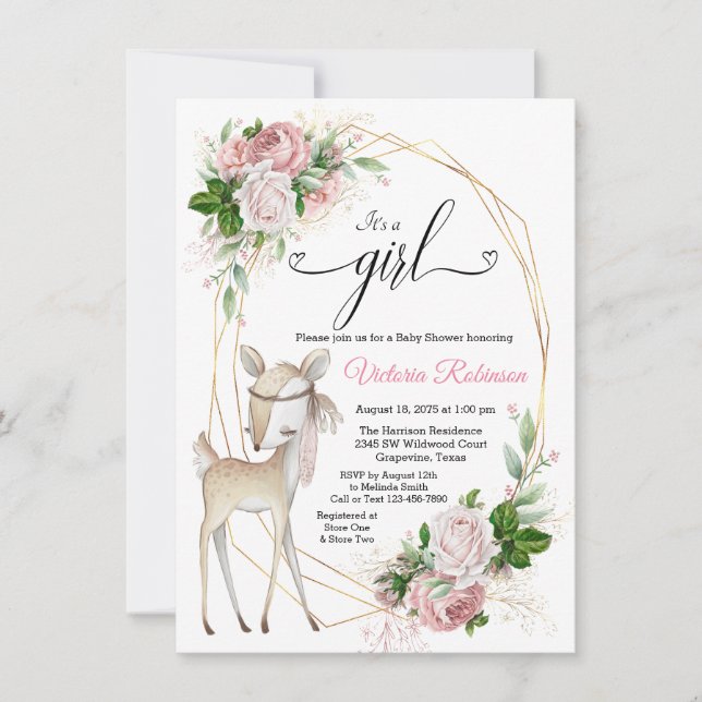 Girls Elegant Boho Deer Baby Shower Einladung (Vorderseite)