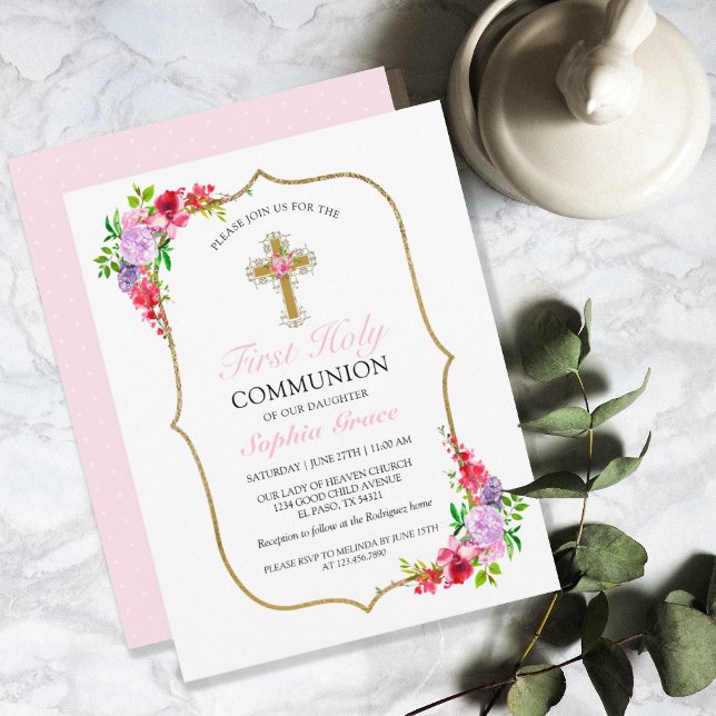 Girls Elegant Rosa Bläserner Erste Heilige Kommune Einladung (Von Creator hochgeladen)