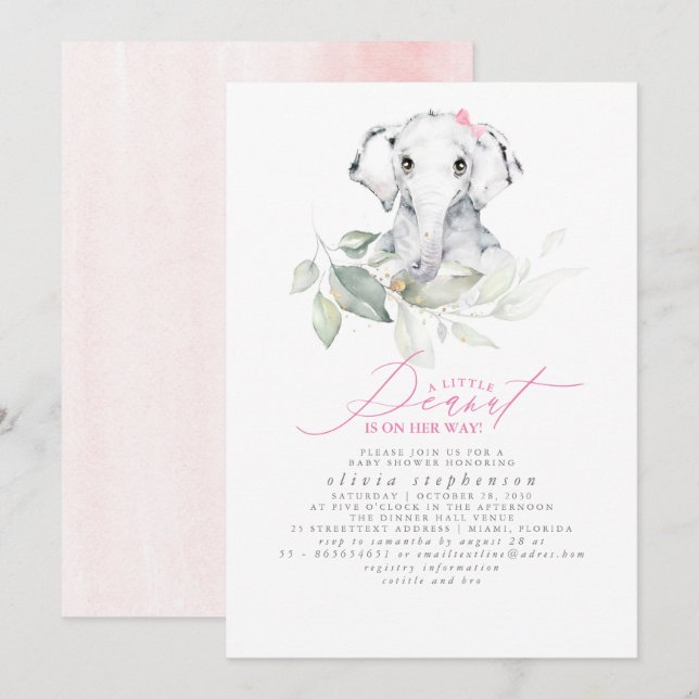 Girl's Elephant Watercolor Greenery Baby Shower Einladung (Vorne/Hinten)