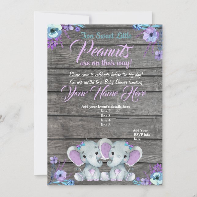 Girls Elephants Baby shower Invitation rustique tu (Devant)