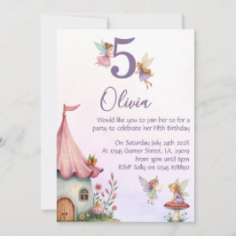 Girls Fairy 5th Birthday Party Invitation