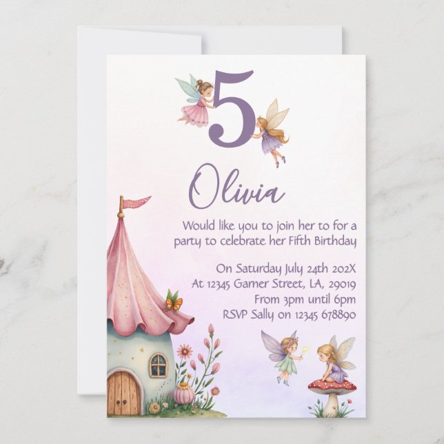 Girls Fairy 5th Birthday Party Invitation Einladung (Vorderseite)