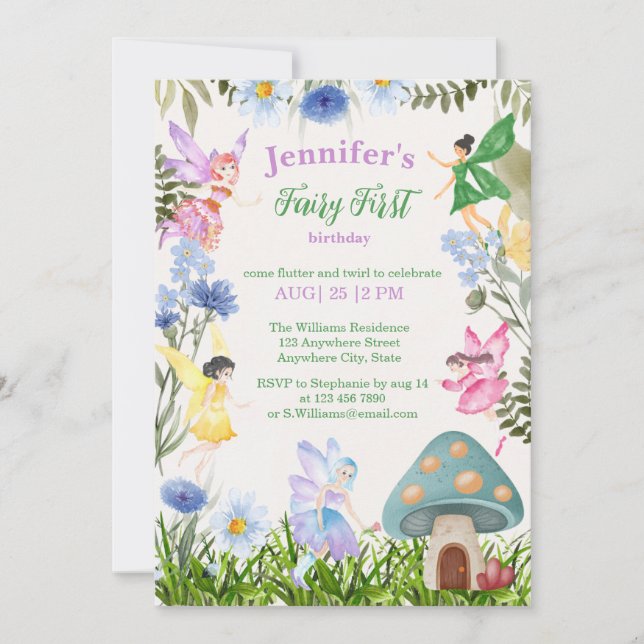 Girl's Fairy First Birthday Fairies und Blume Einladung (Vorderseite)