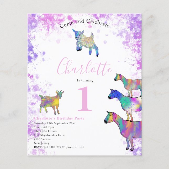 Girls First Birthday Party Wasserfarben Ziegen Hau Flyer (Vorne)
