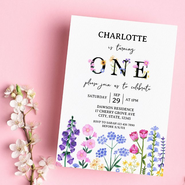 Girl's First Birthday Wildblume Garden Party Einladung (Girl's First Birthday Wildflower Garden Party Invitation)