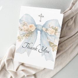 Girl's First Communion Blue Floral Bow Thank You Dankeskarte