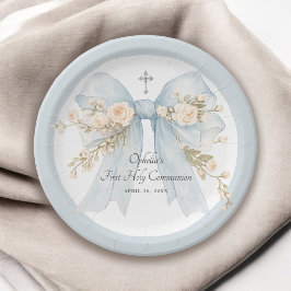 Girl's First Communion Dusty Blue Floral Bow Pappteller
