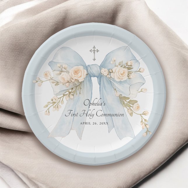 Girl's First Communion Dusty Blue Floral Bow Pappteller (Von Creator hochgeladen)