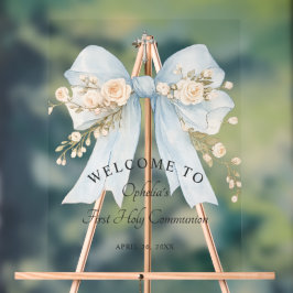 Girl's First Communion Floral Dusty Blue Bow Acrylschild