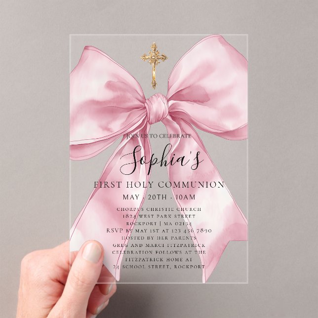 Girl's First Communion Pink Bow Acrylic Invitation (In situ (ordinateur de poche))