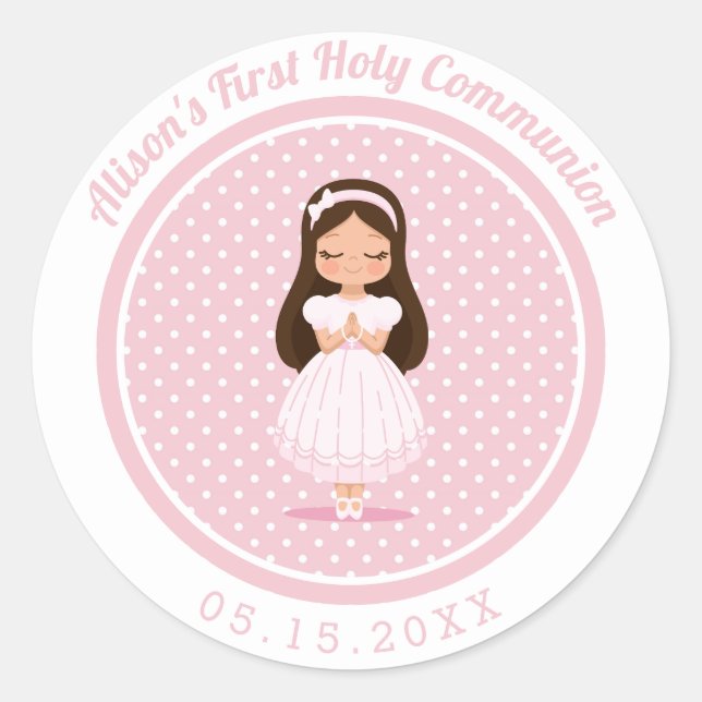 Girls First Heilige Kommunion Pink Polka Dots Runder Aufkleber (Vorderseite)