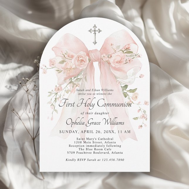 Girl's First Holy Communion Pink Floral Bow Einladung (Available in both printed and instant download digital formats.)