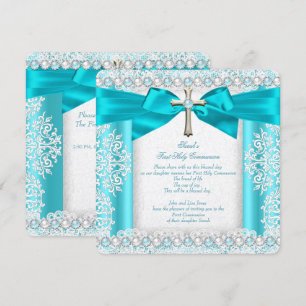 Girls First Holy Communion White Aquamarin Blue Pe Einladung
