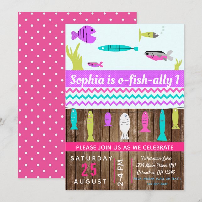 Girls Fishing Kindergeburtstag Party Einladung (Vorne/Hinten)
