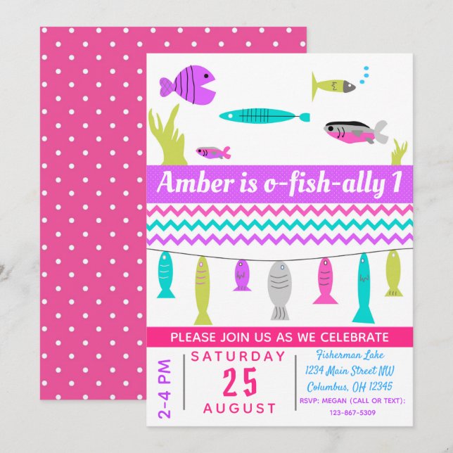 Girls Fishing Kindergeburtstag Party Einladung (Vorne/Hinten)