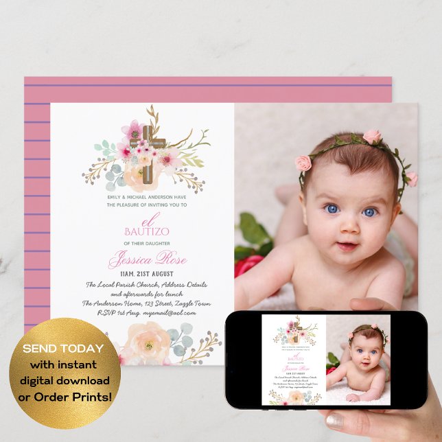 Girls Floral BAUTIZO Bautismo Pink Katholisches Kr Einladung (Von Creator hochgeladen)