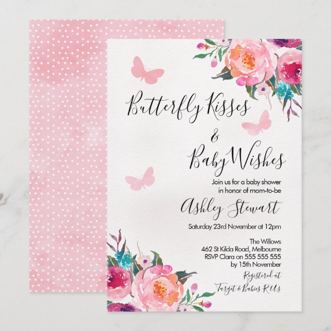 Girls Floral Butterfly Babydusche Einladung (Vorne/Hinten)