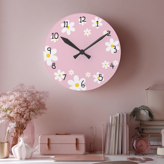 Girls Floral Daisy Pink Clock Runde Wanduhr (Von Creator hochgeladen)