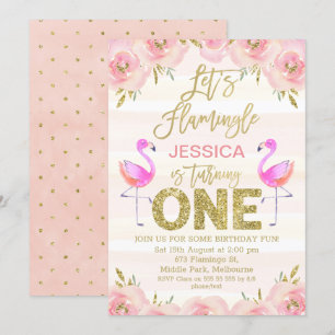 Girls floral flamingo Einladung zum ersten Geburts