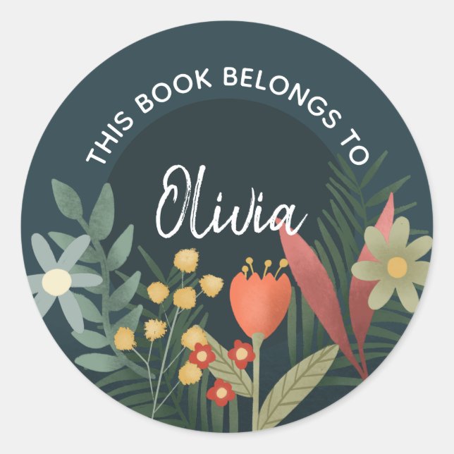 Girls Floral 'This Book Belongs' Blume Buchzeichen Runder Aufkleber (Vorderseite)