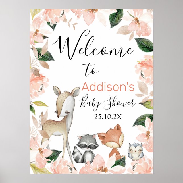 Girls Floral Woodland Babydusche Begrüßungszeichen Poster (Vorne)