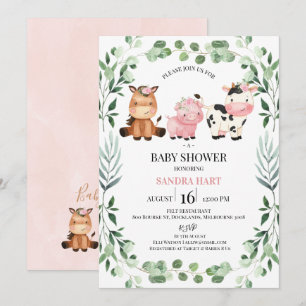 Girls Foliage Wreath Farm Animals Baby Dusche Einladung