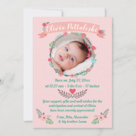 Girls Foto Floral Wreath Baby Ankunft Vielen Dank Ankündigung