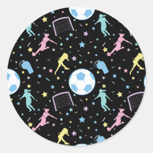 Girls Fußball Silhouetten Sterne und Glitzern Runder Aufkleber