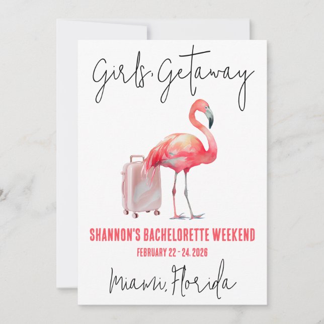 Girls' Getaway Flamingo Beach Bachelorette Wochene Einladung (Vorderseite)