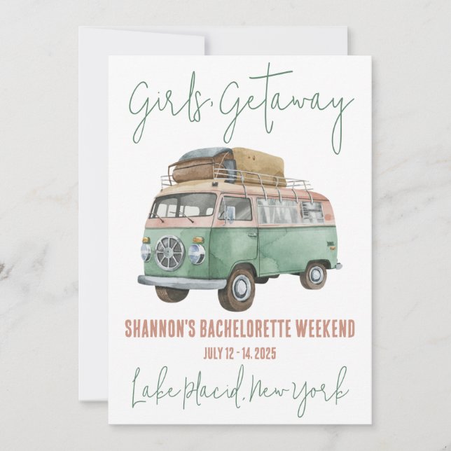 Girls' Getaway, VW Van, Bachelorette Weekend Party Einladung (Vorderseite)