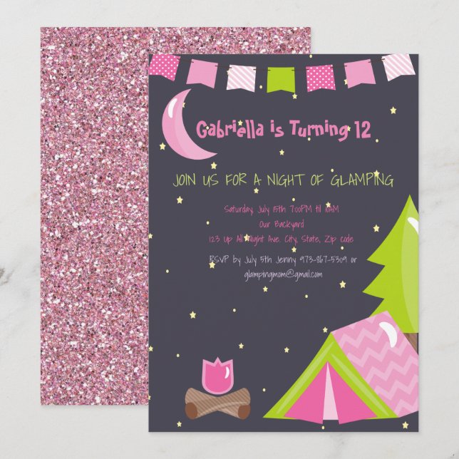 Girls Glamping/Camping Out Geburtstagsparty Einladung (Vorne/Hinten)