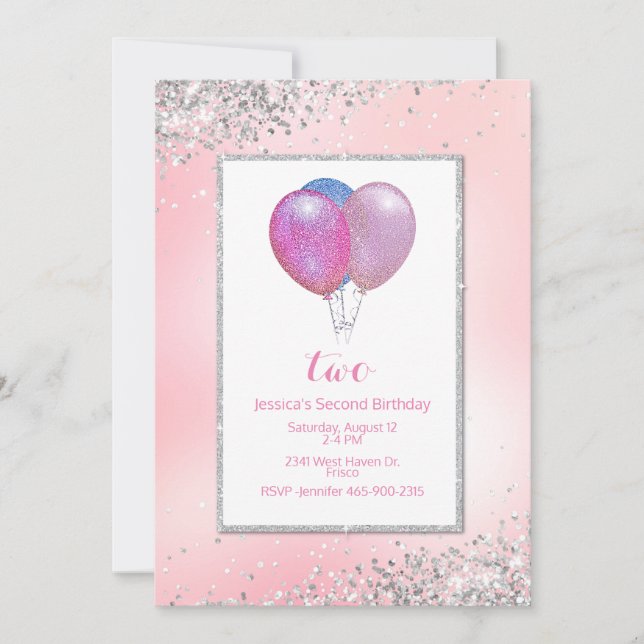 Girls Glittery Balloons Geburtstag Einladung (Vorderseite)