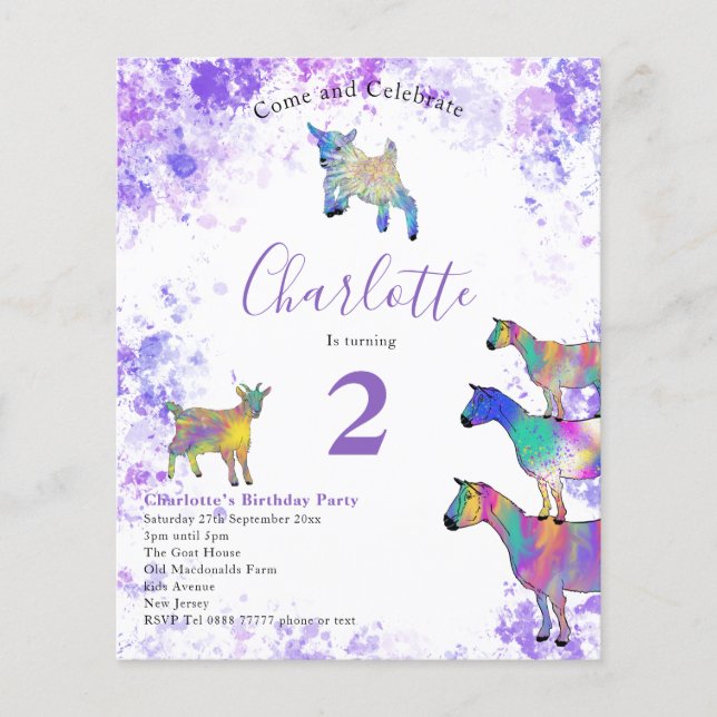 Girls Goat Birthday Party Lila Budget Flyer (Vorne)