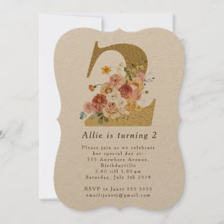 Girls Gold Floral 2. Geburtstagsfeier Party Einlad Einladung