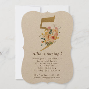 Girls Gold Floral 5. Geburtstagsparty Einladung