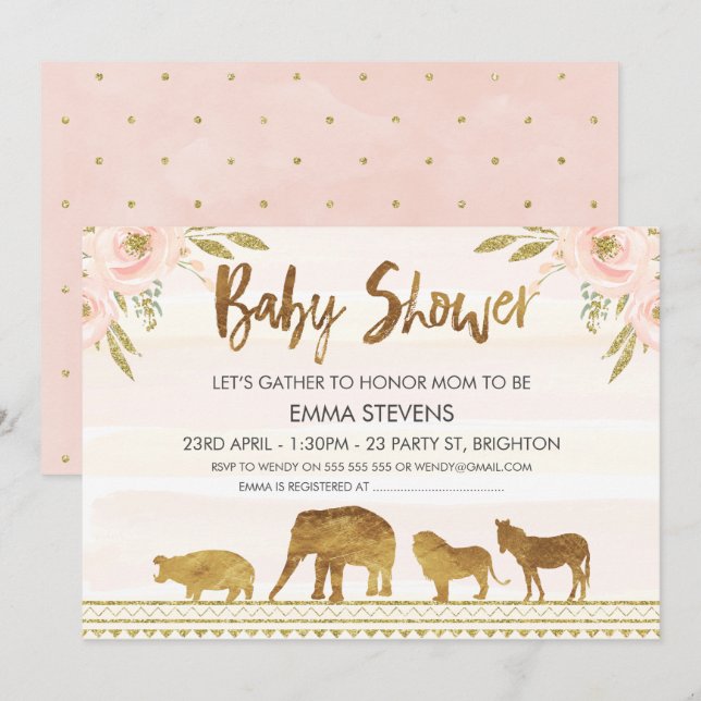 Girls Gold Safari Animaux Baby shower Invitation (Devant / Derrière)